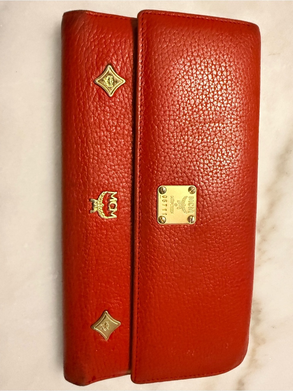 MCM Red Pebbled Leather Continental Wallet with Gold Accents